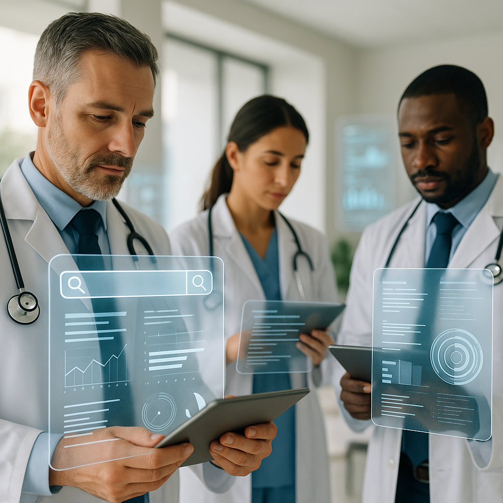Doctors in a clinic using digital tablets with AI search interfaces displayed.