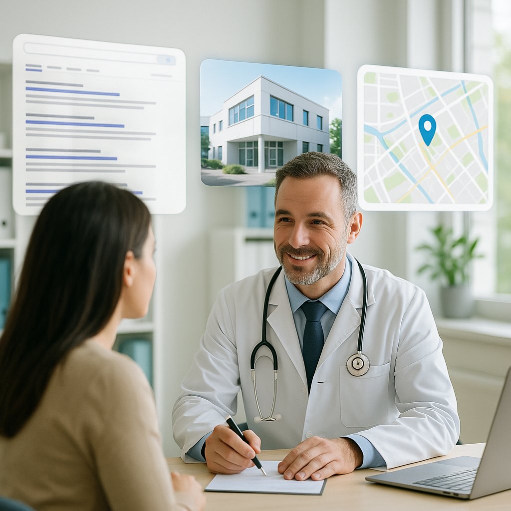 Doctor and patient with AI-powered search results on digital screens in a clinic.