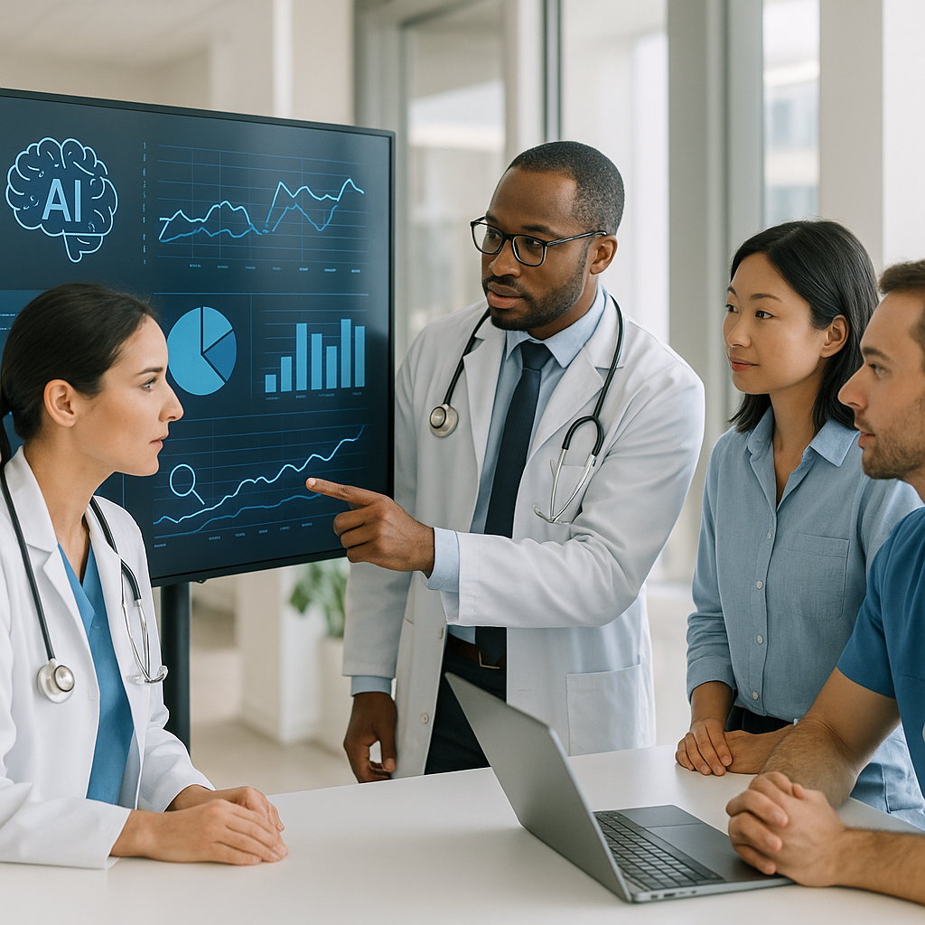 Doctors in a clinic reviewing AI-generated patient search analytics on a digital dashboard.