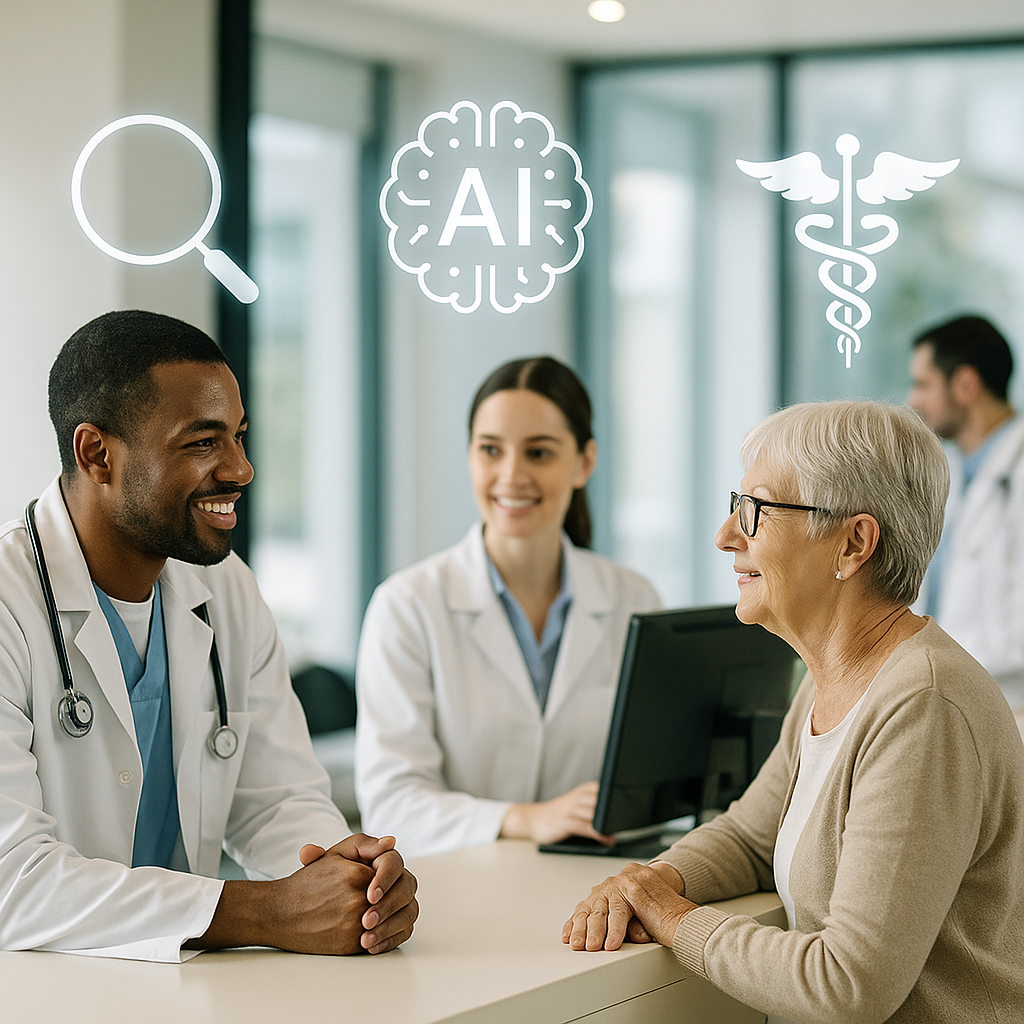 Doctors in a modern clinic reviewing AI-powered search results on a digital display.