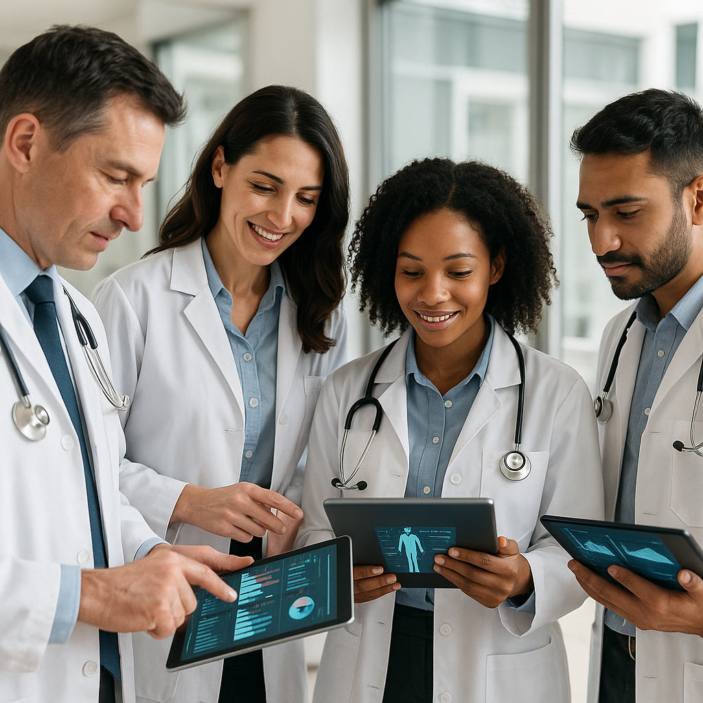 Doctors in a modern clinic using digital tools and AI analytics for patient acquisition.