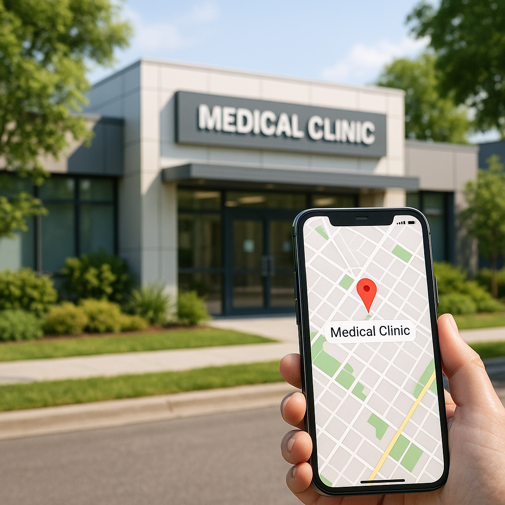 Smartphone showing Google Maps with a medical clinic pinned, modern clinic in background.