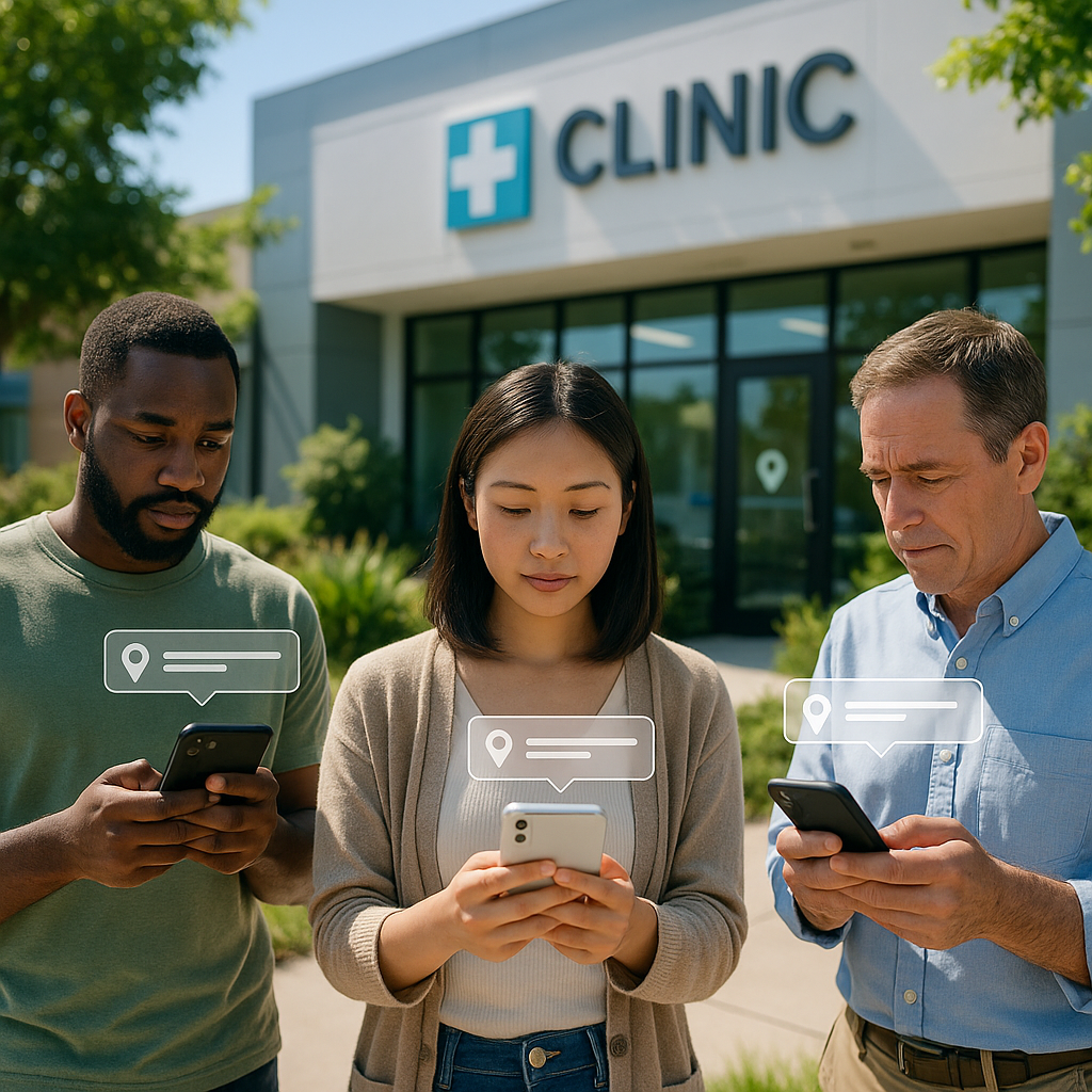 Modern medical clinic with patients using smartphones and digital map pins overlayed.