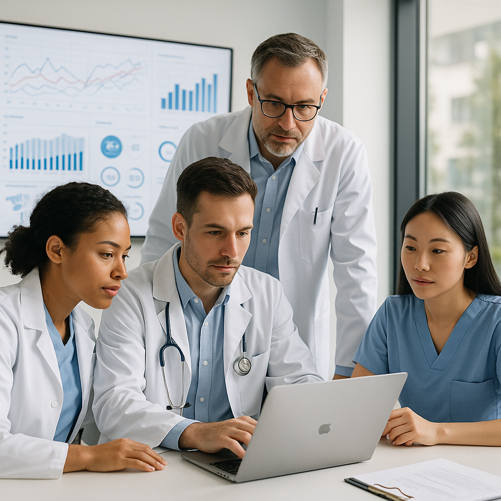 Doctors in a modern office reviewing SEO analytics on a digital screen.